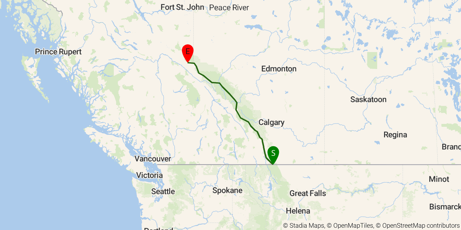 Route map of the Great Divide Trail on OpenStreetMap terrain