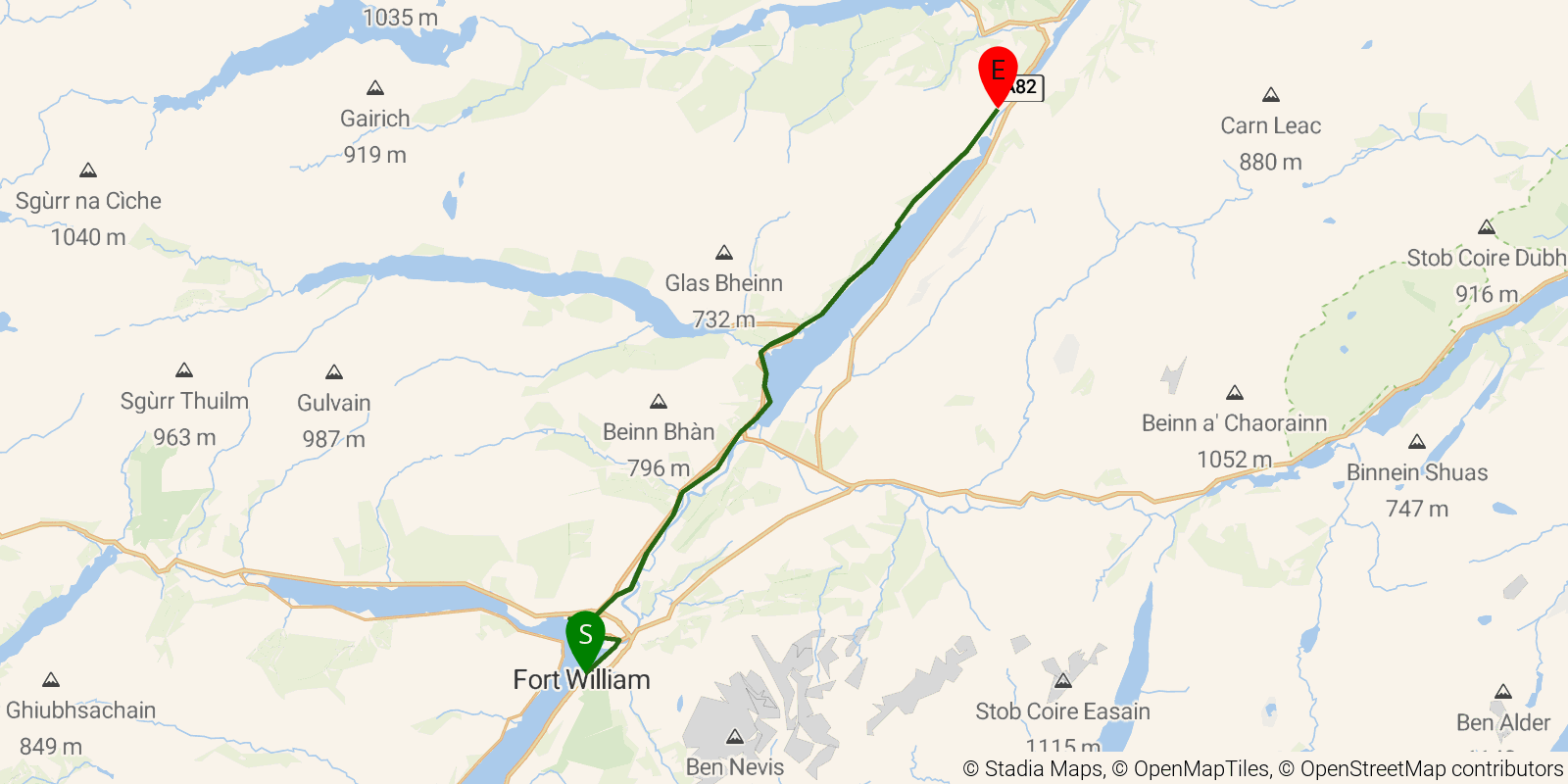 Route map of the Great Glen Way — Stages 1–2: Fort William to Laggan Locks on OpenStreetMap terrain