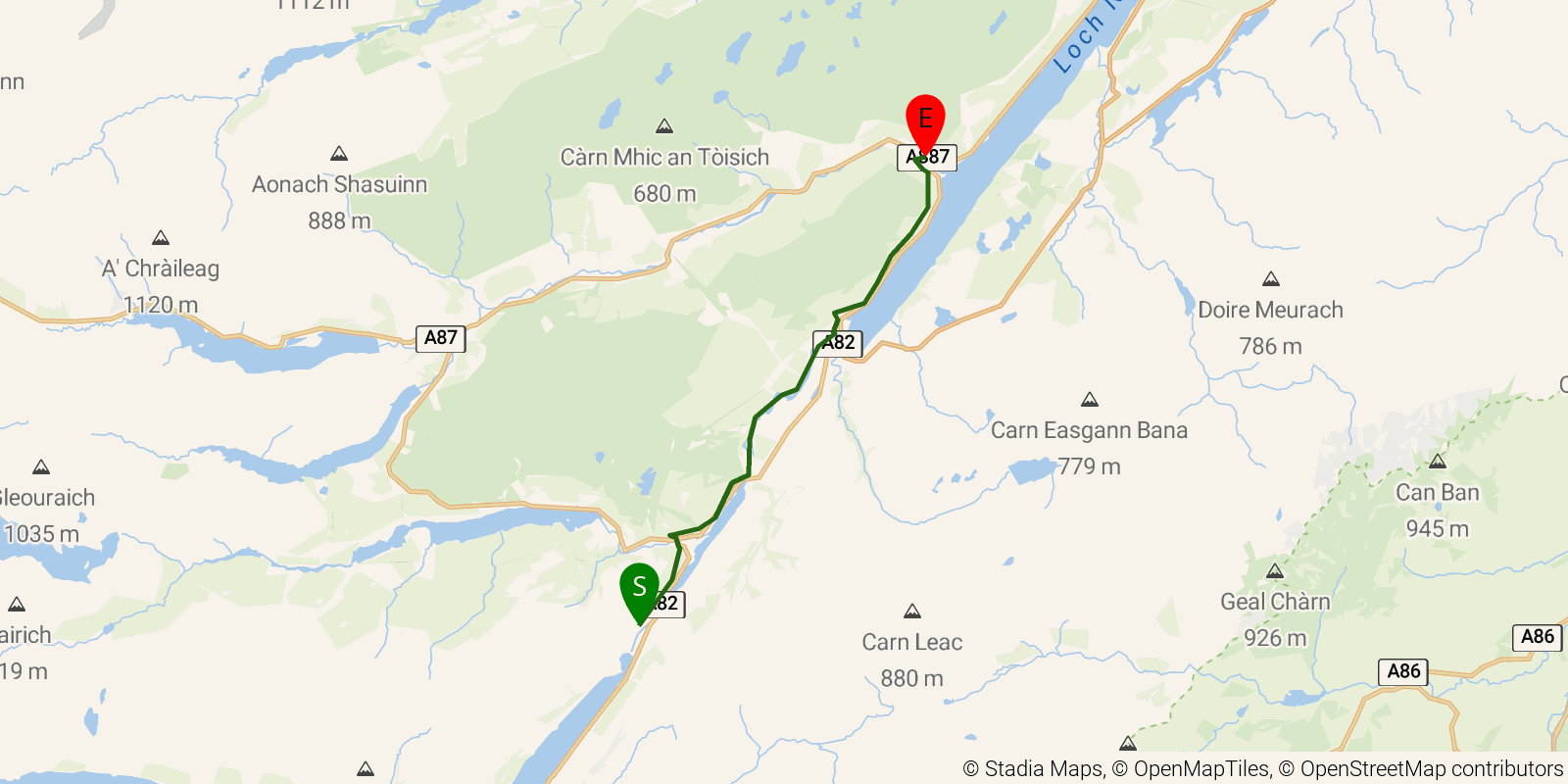 Route map of the Great Glen Way — Stages 3–4: Laggan Locks to Invermoriston on OpenStreetMap terrain