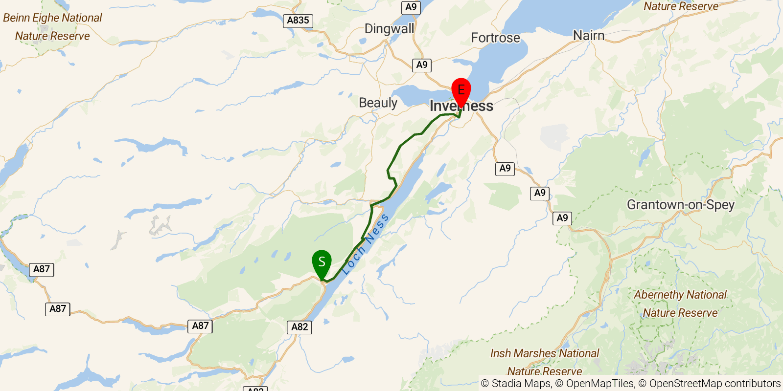 Route map of the Great Glen Way — Stages 5–6: Invermoriston to Inverness on OpenStreetMap terrain
