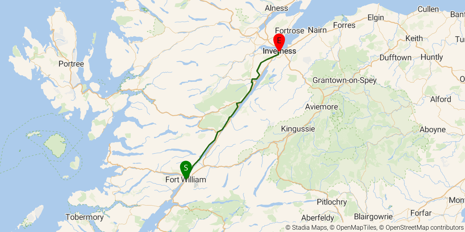 Route map of the Great Glen Way on OpenStreetMap terrain