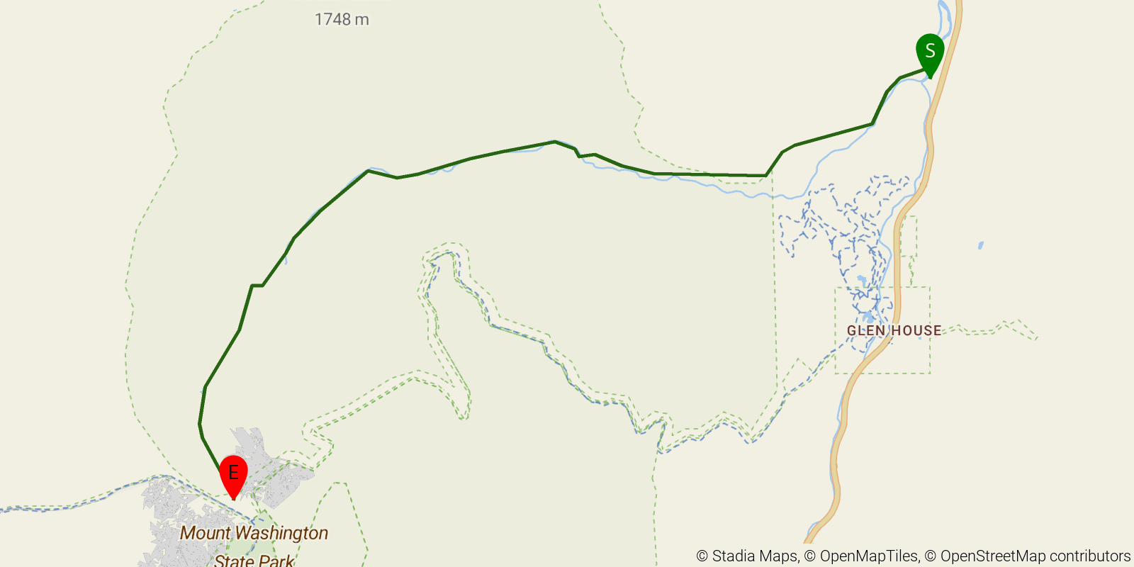 Route map of the Great Gulf Trail on OpenStreetMap terrain