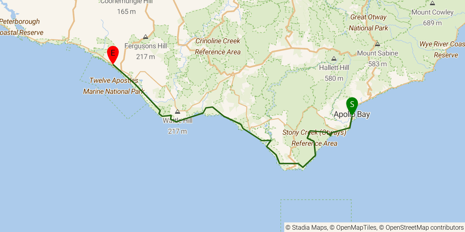 Route map of the Great Ocean Walk on OpenStreetMap terrain