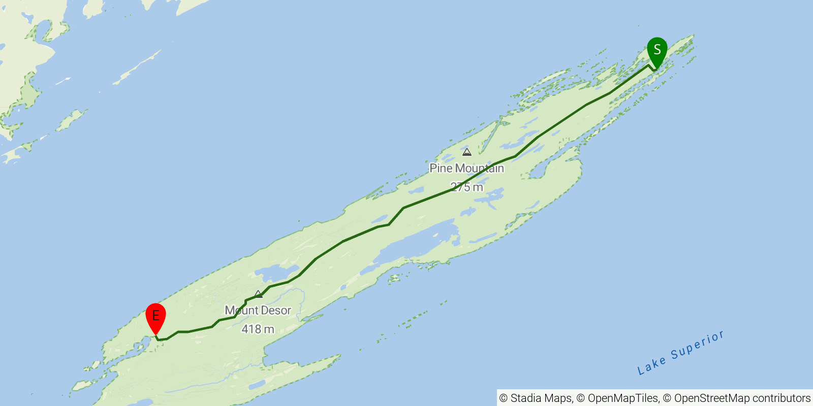 Route map of the Greenstone Ridge Trail on OpenStreetMap terrain