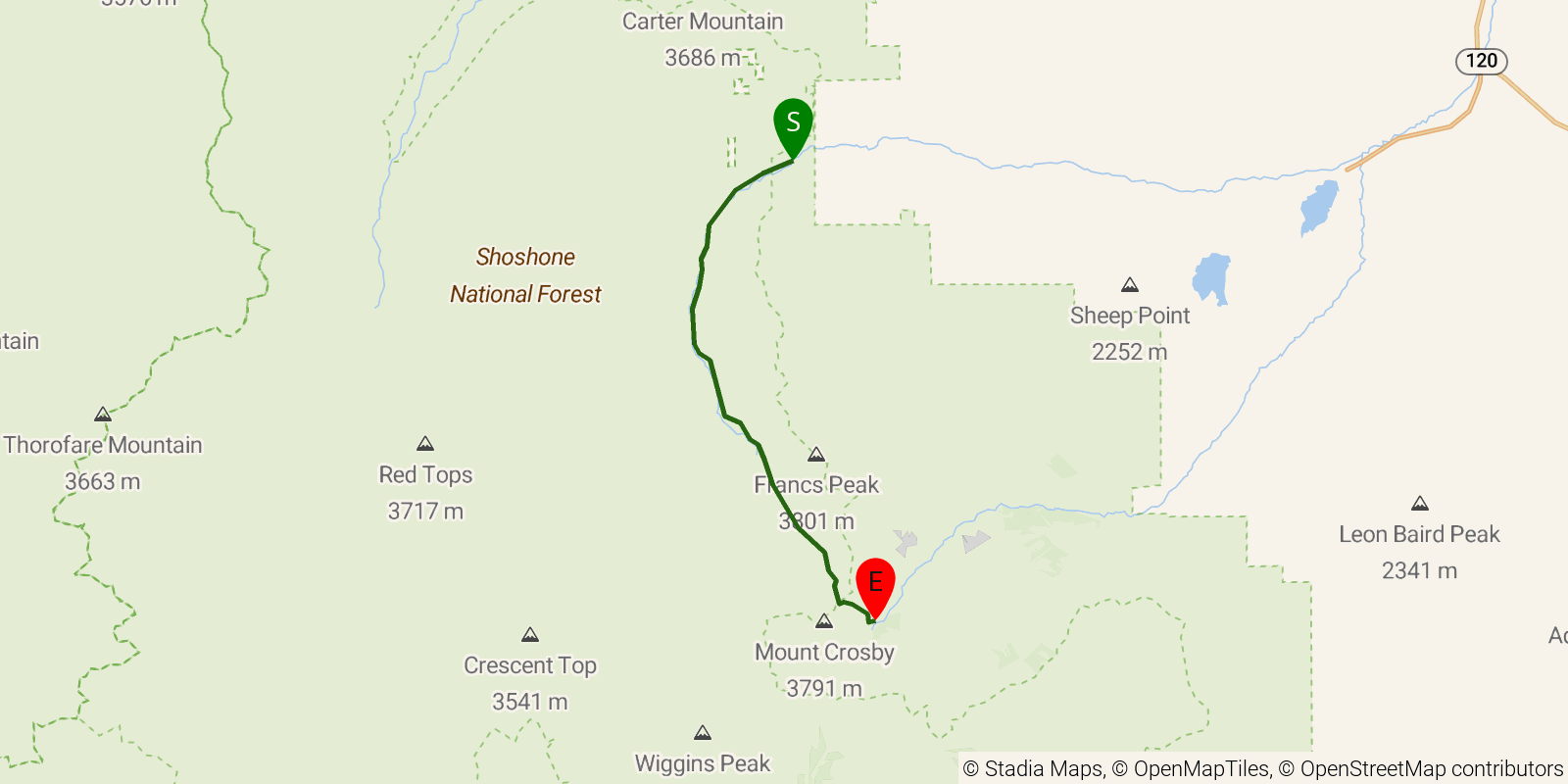 Route map of the Greybull River Trail on OpenStreetMap terrain