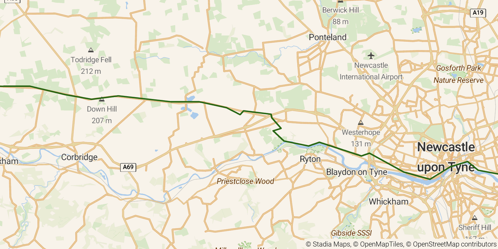 Route map of the Hadrian's Wall Path — Sections 1–2: Wallsend to Chollerford on OpenStreetMap terrain