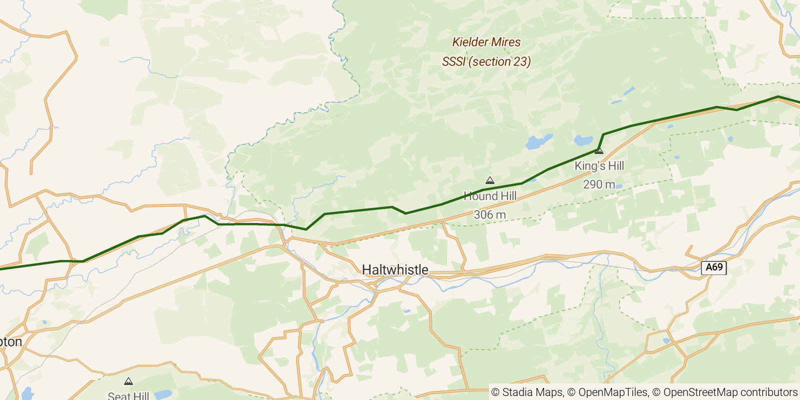 Route map of the Hadrian's Wall Path — Sections 3–4: Chollerford to Walton on OpenStreetMap terrain