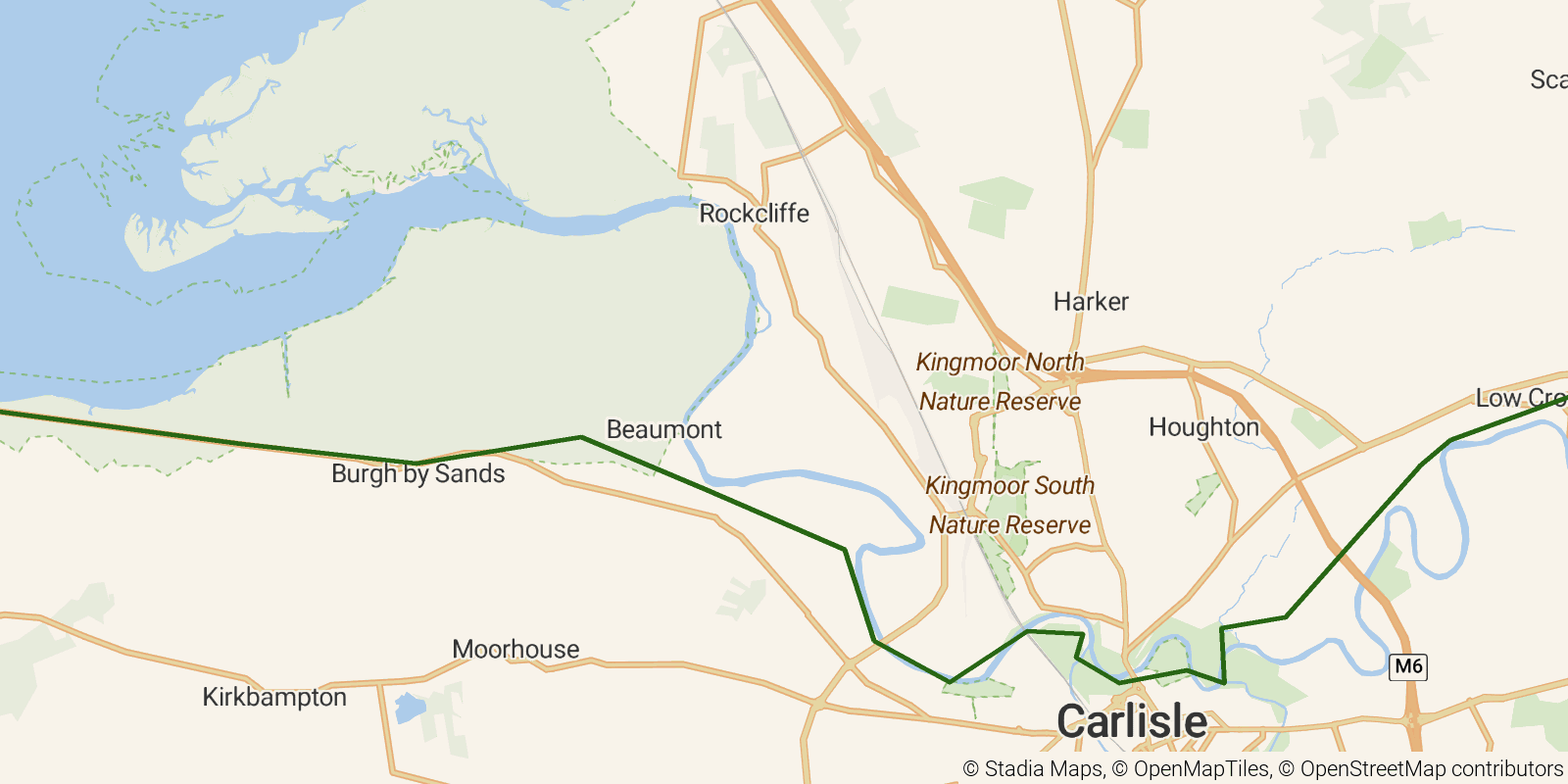 Route map of the Hadrian's Wall Path — Sections 5–6: Walton to Bowness-on-Solway on OpenStreetMap terrain