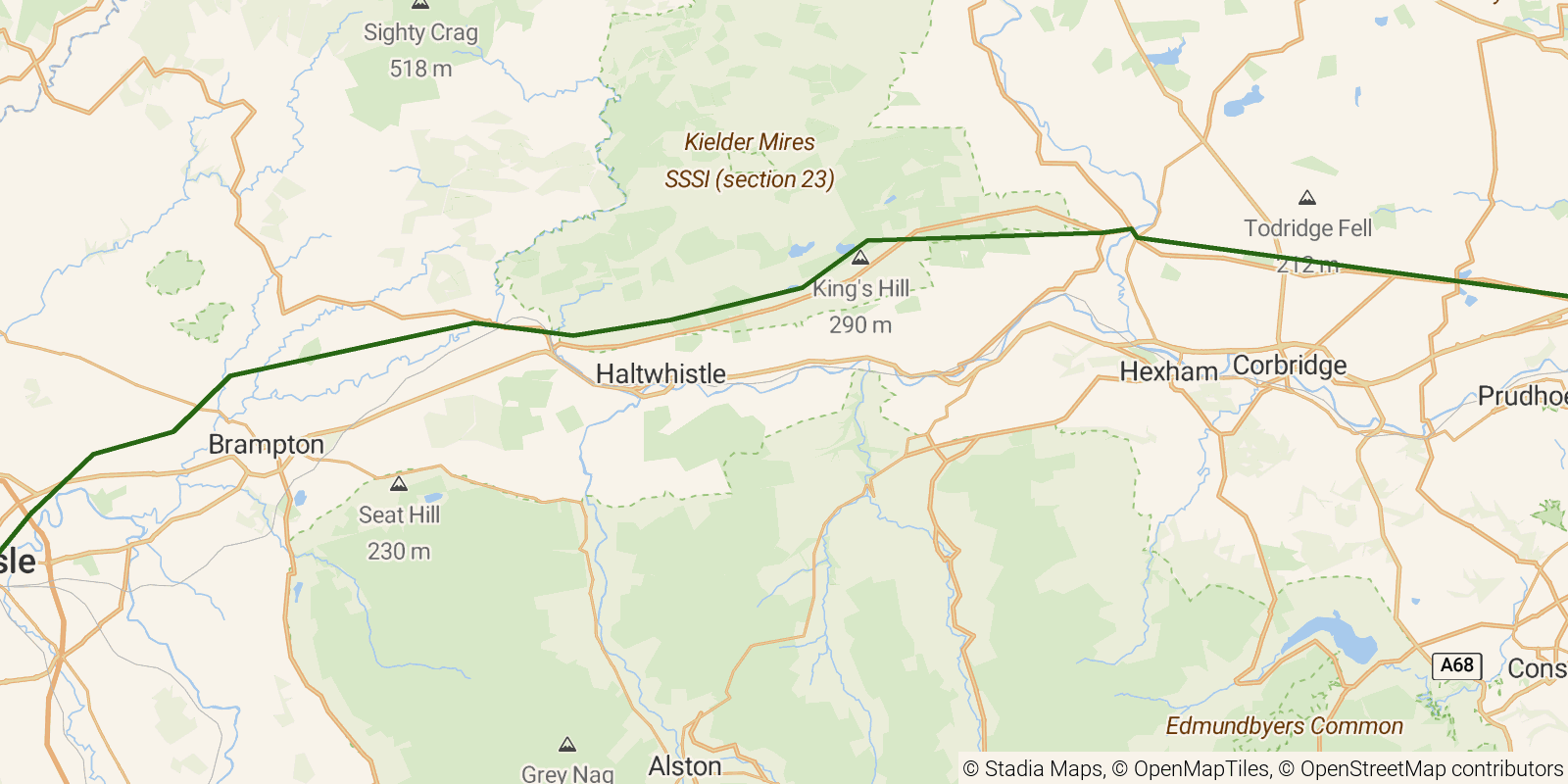 Route map of the Hadrian's Wall Path on OpenStreetMap terrain