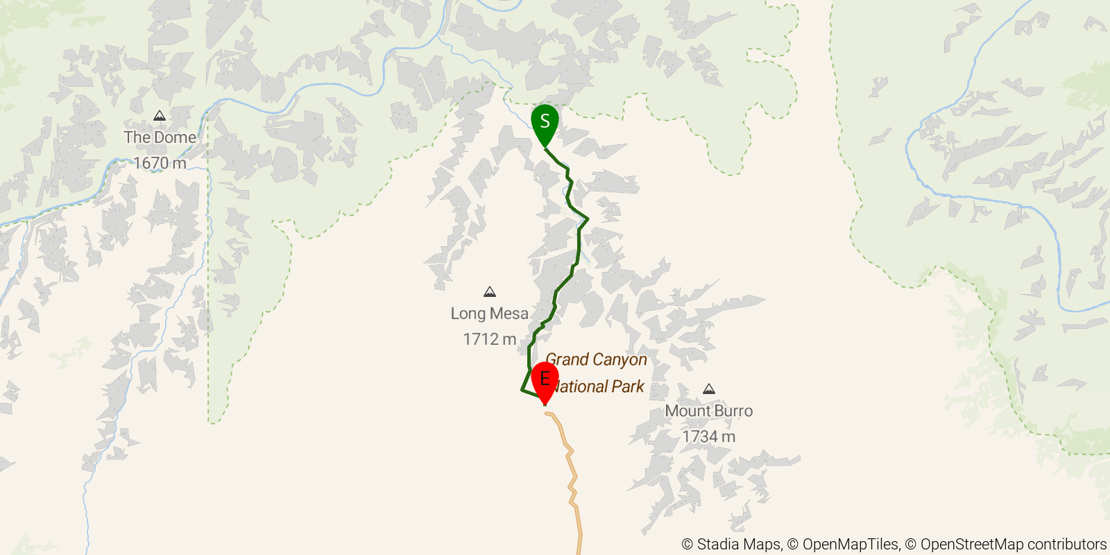 Route map of the Havasupai Trail on OpenStreetMap terrain