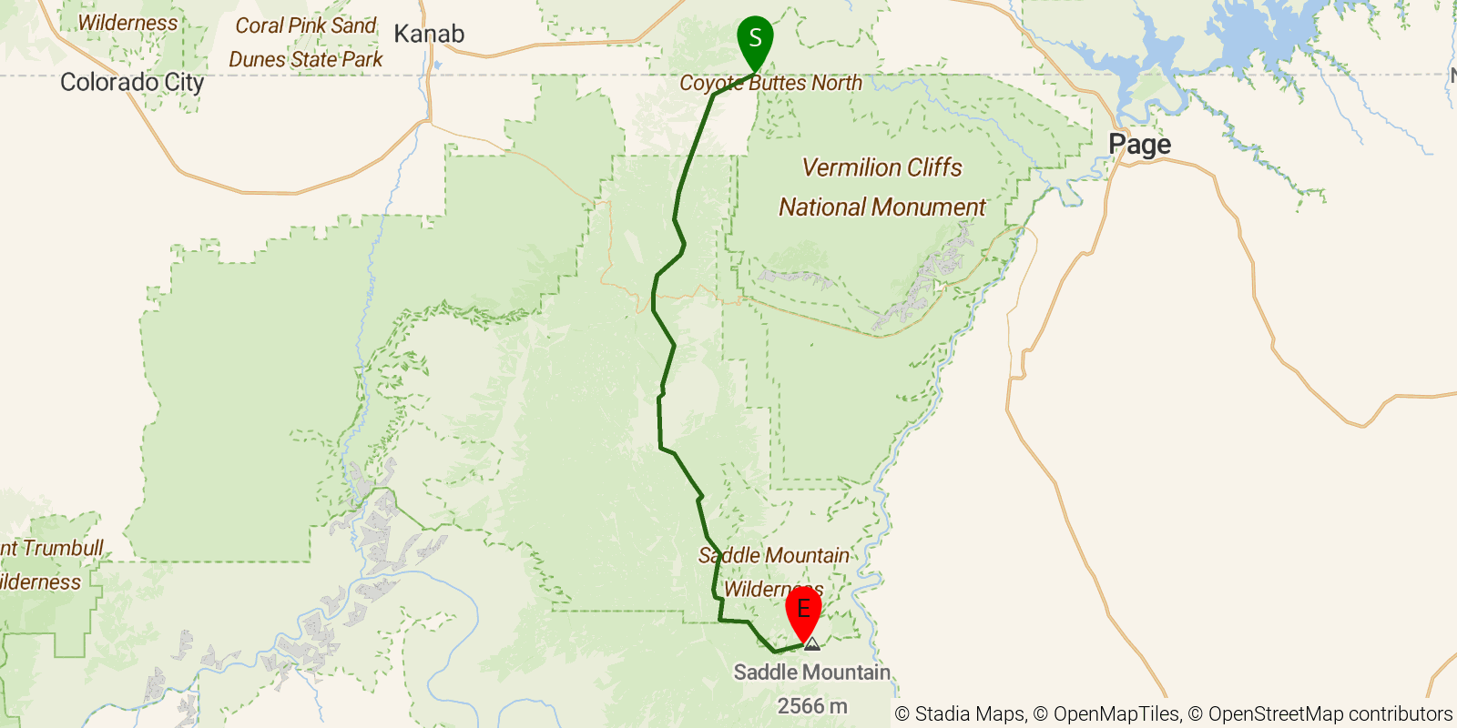 Route map of the Hayduke Trail — Section 10 on OpenStreetMap terrain