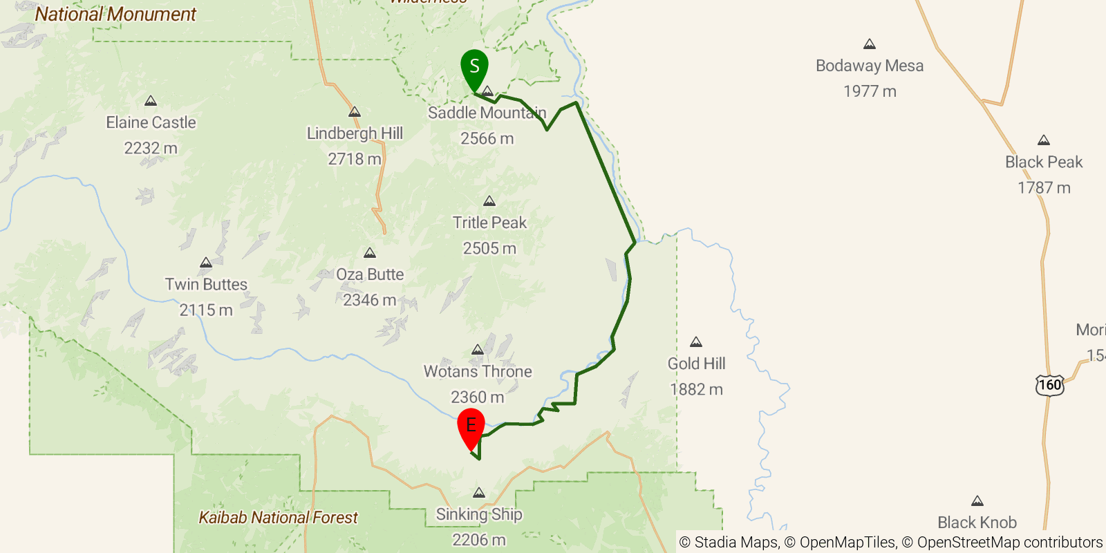 Route map of the Hayduke Trail — Section 11 on OpenStreetMap terrain