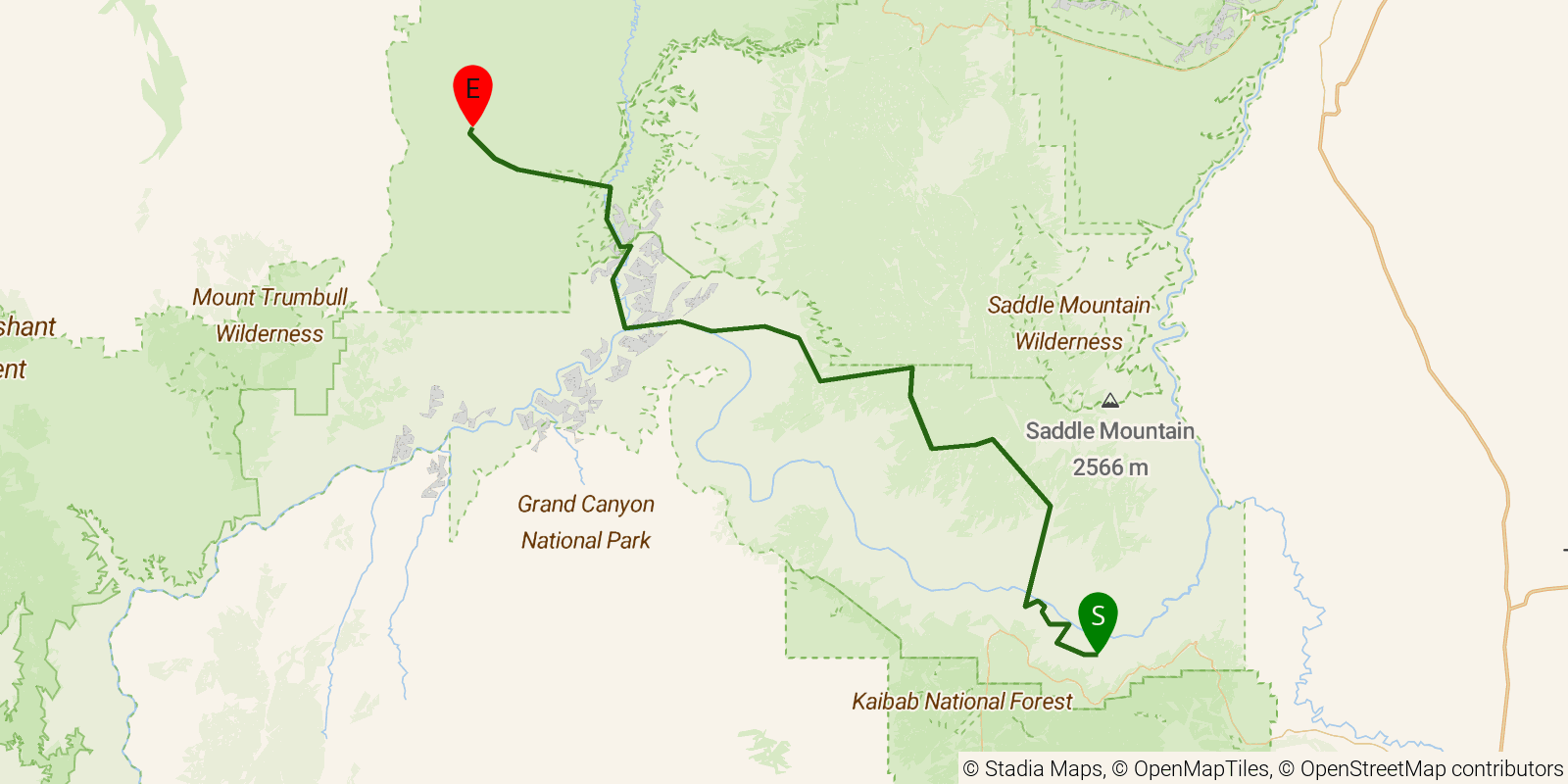 Route map of the Hayduke Trail — Section 12 on OpenStreetMap terrain