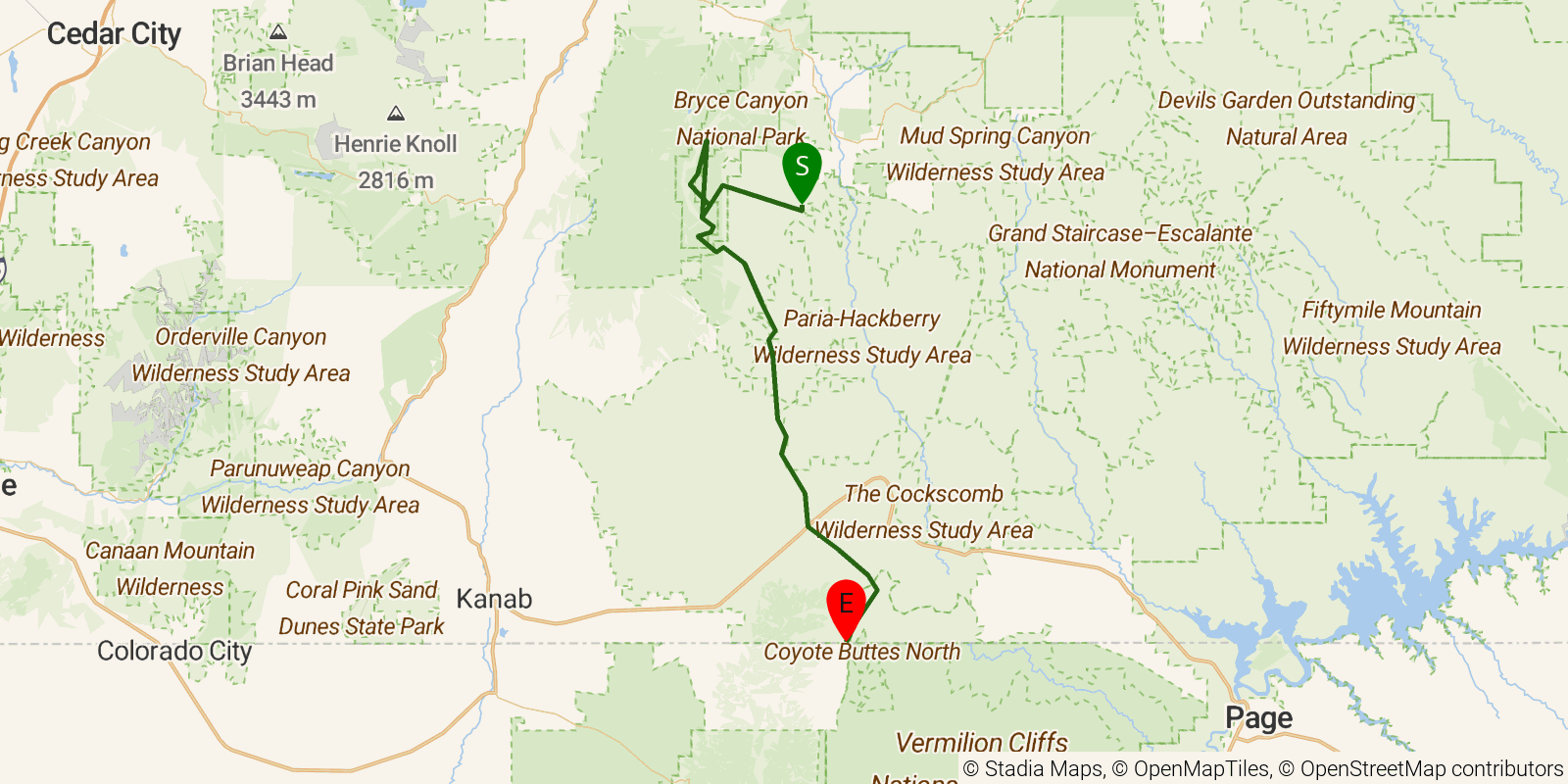 Route map of the Hayduke Trail — Section 9 on OpenStreetMap terrain