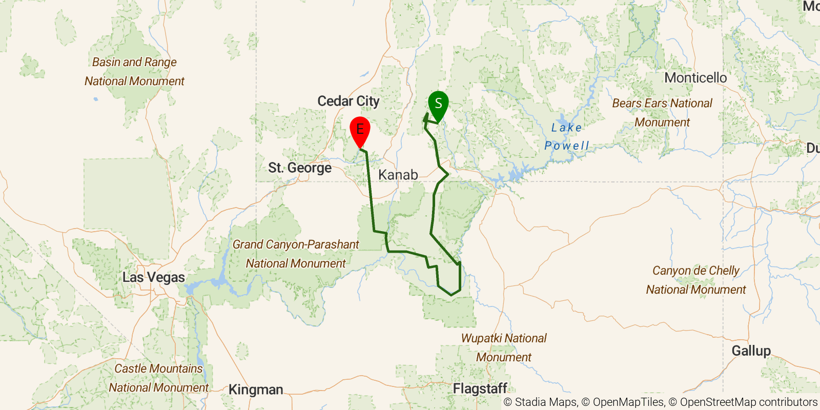 Route map of the Hayduke Trail on OpenStreetMap terrain