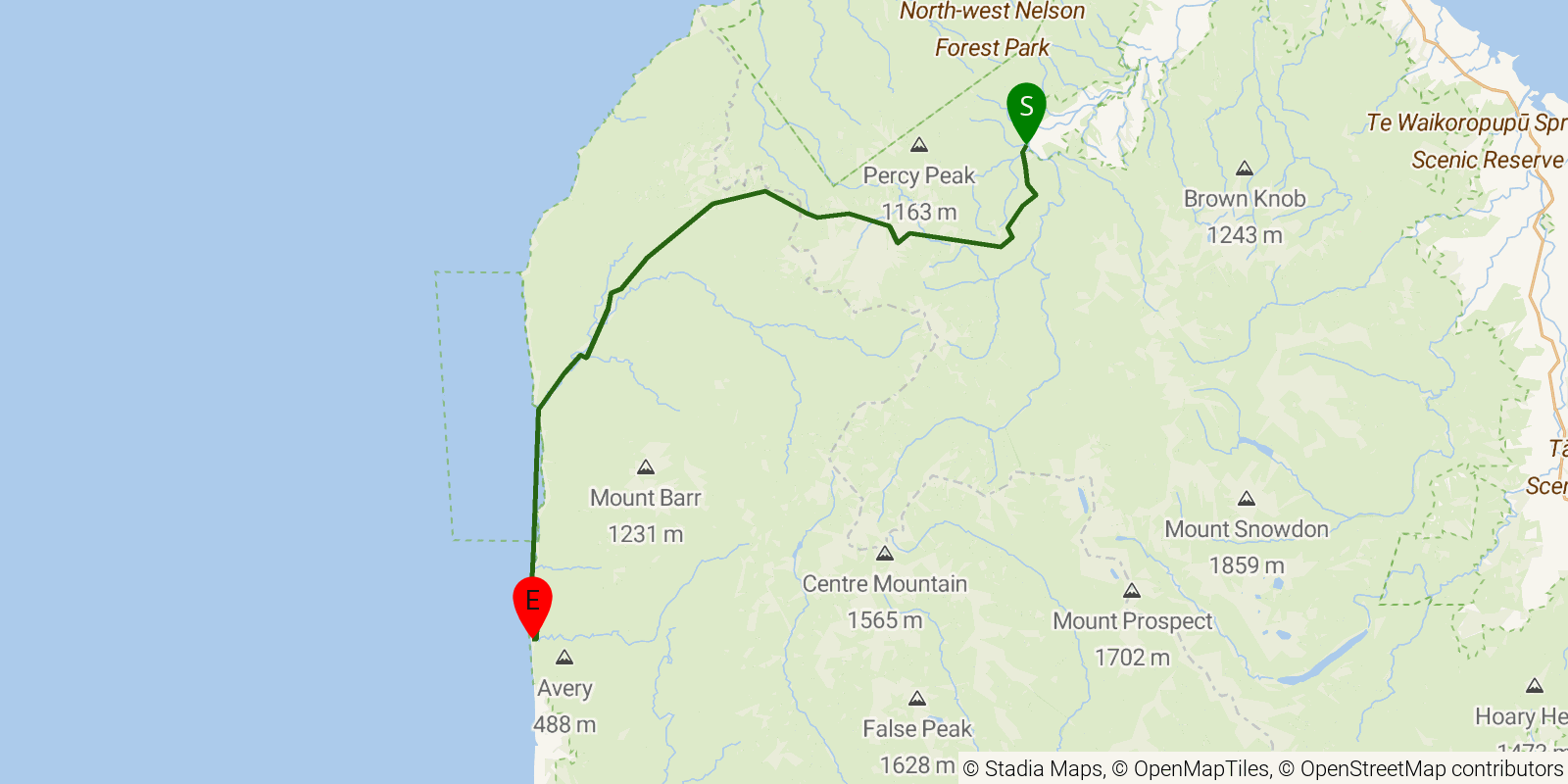 Route map of the Heaphy Track on OpenStreetMap terrain