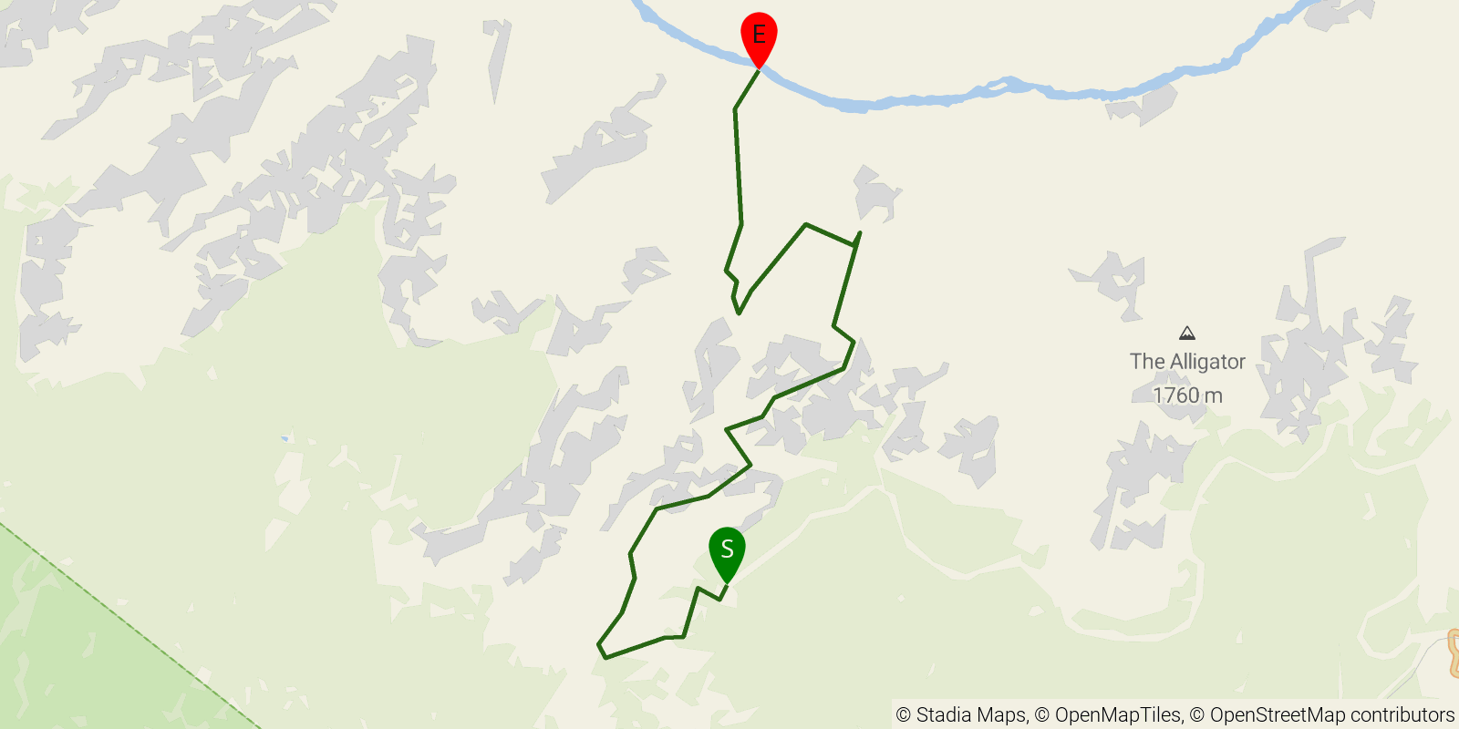 Route map of the Hermit Trail on OpenStreetMap terrain