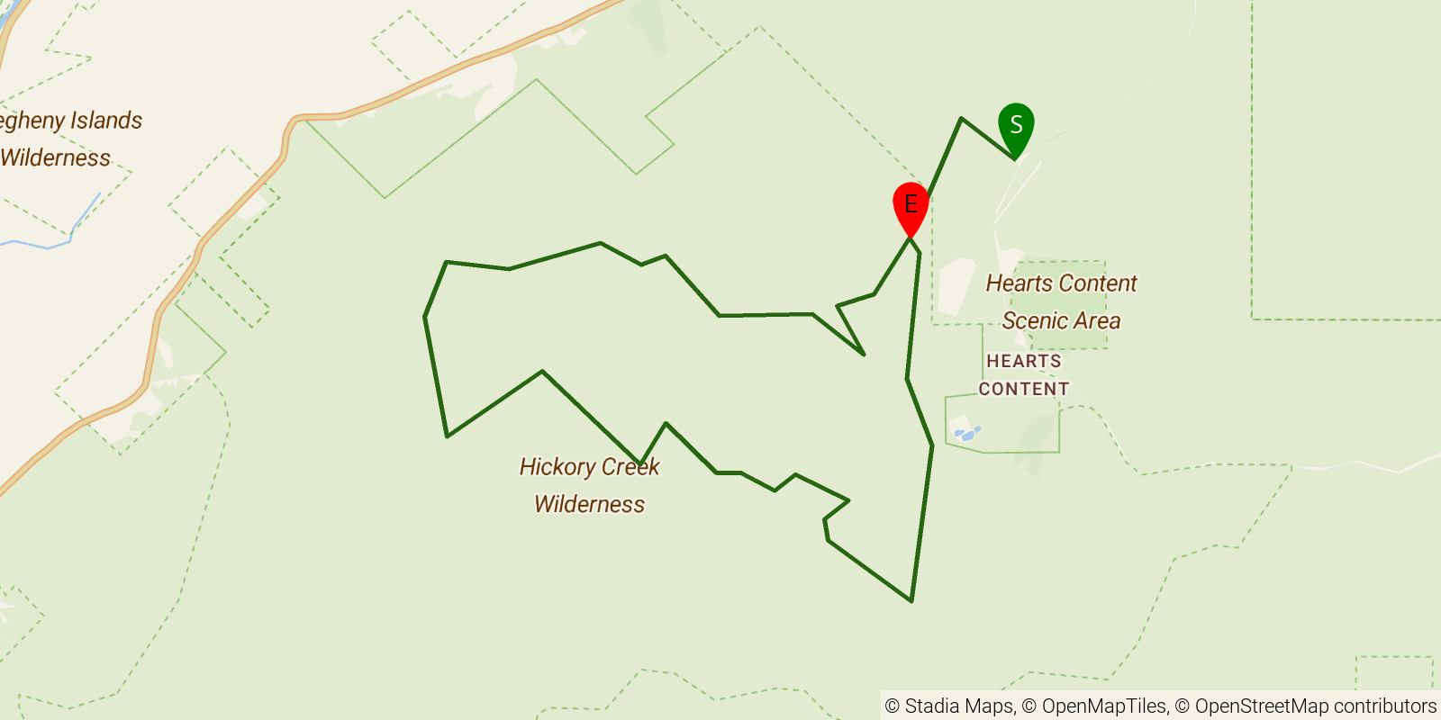 Route map of the Hickory Creek Wilderness Trail on OpenStreetMap terrain