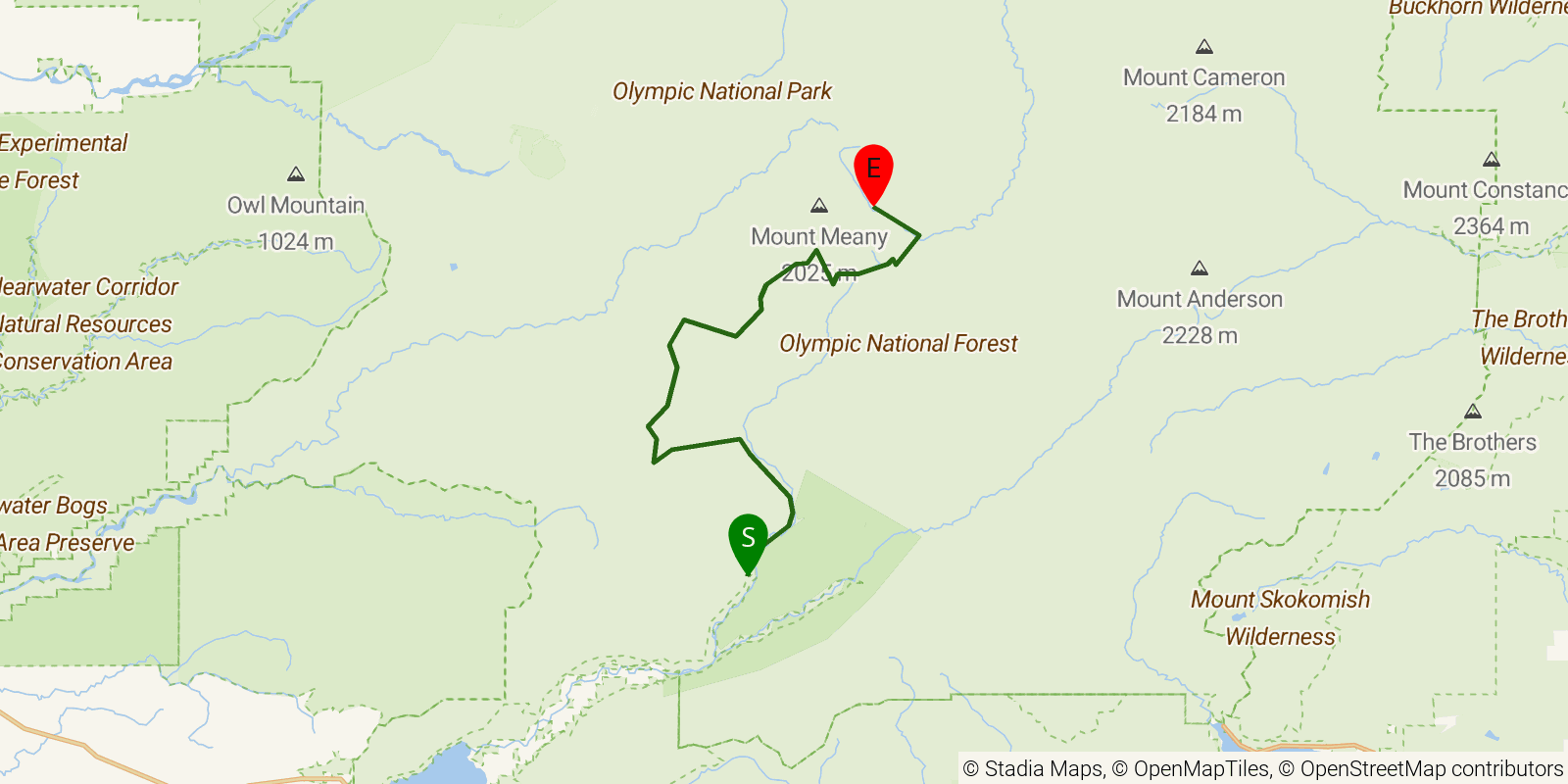 Route map of the High Divide / Seven Lakes Basin on OpenStreetMap terrain