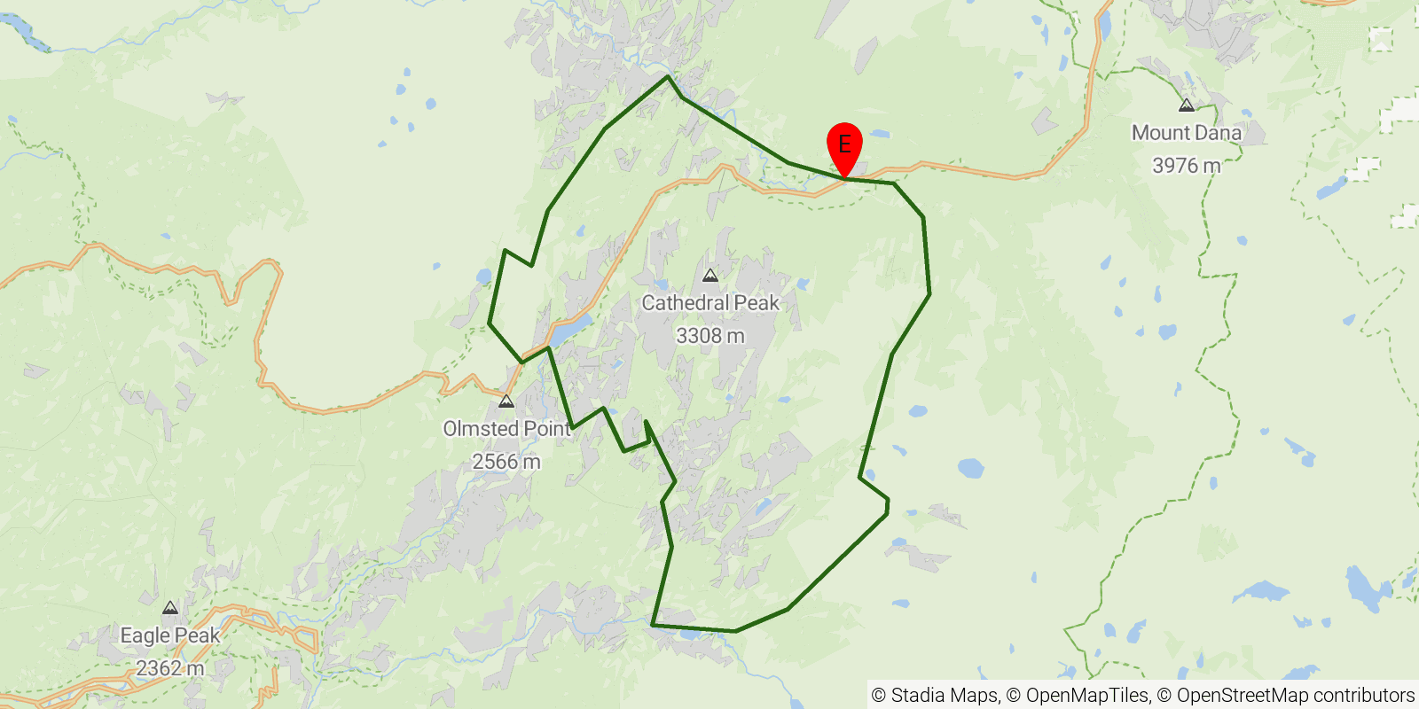 Route map of the High Sierra Camp Loop on OpenStreetMap terrain