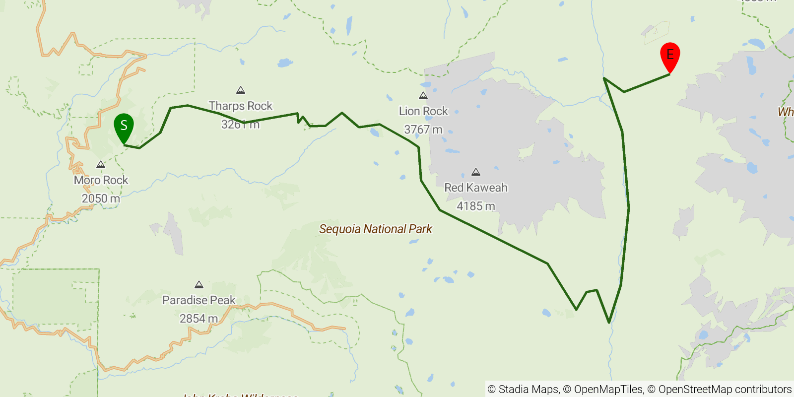 Route map of the High Sierra Trail on OpenStreetMap terrain