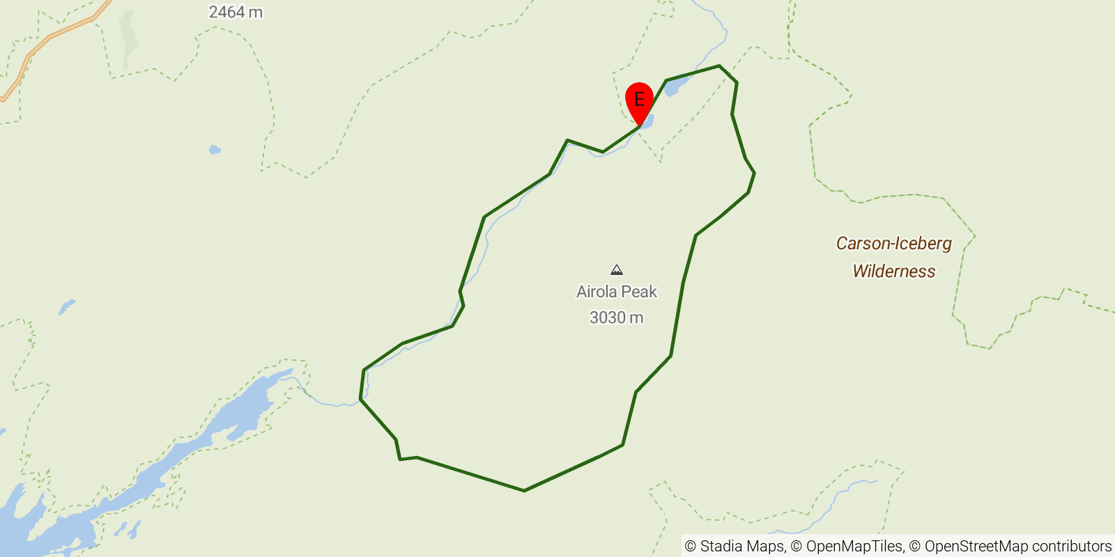 Route map of the Highland Lakes – Arnot Creek Loop on OpenStreetMap terrain