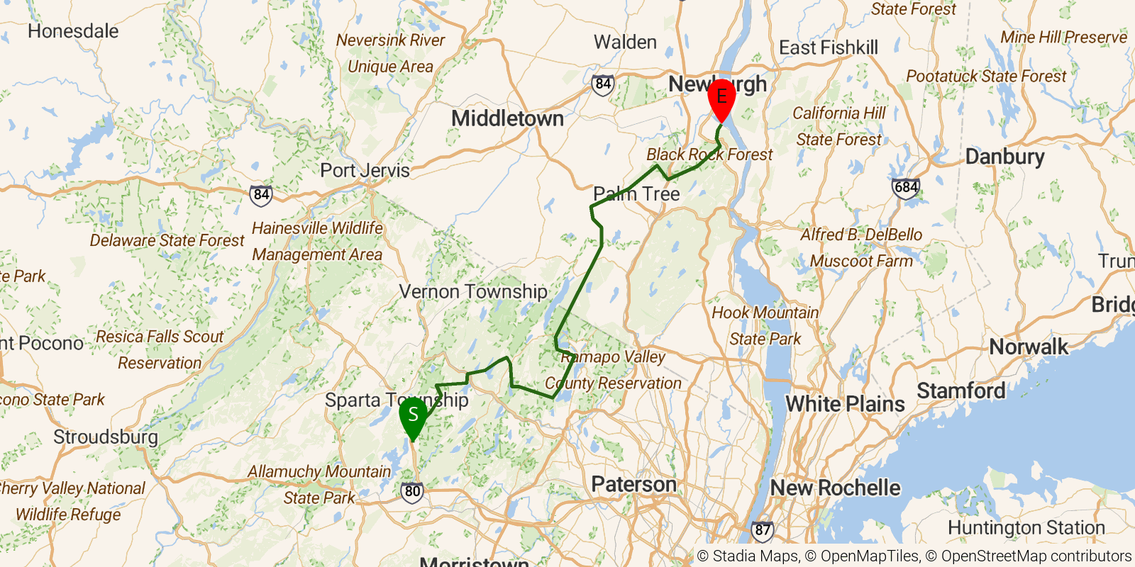 Route map of the Highlands Trail on OpenStreetMap terrain