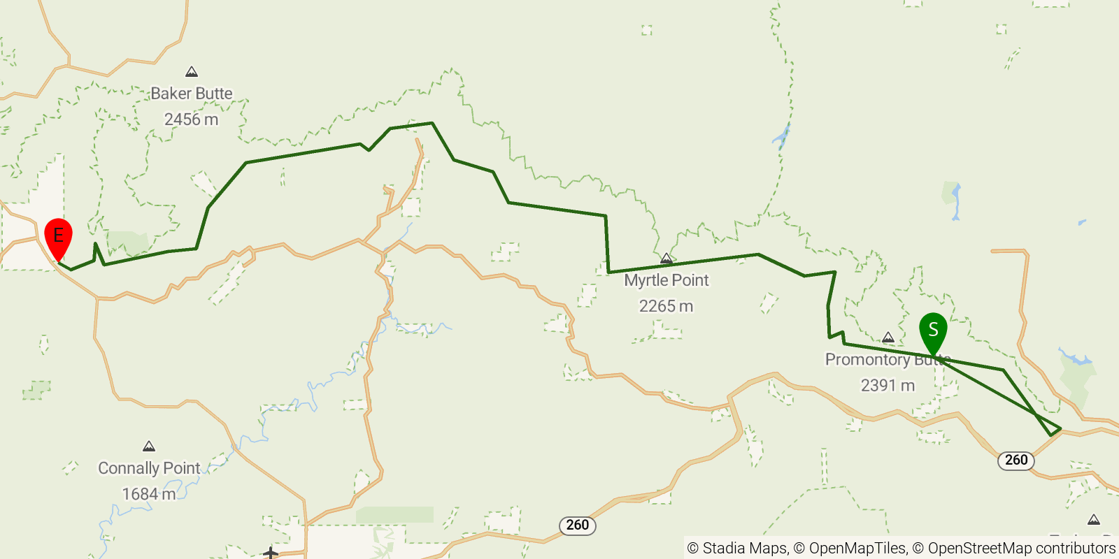 Route map of the Highline National Recreation Trail on OpenStreetMap terrain