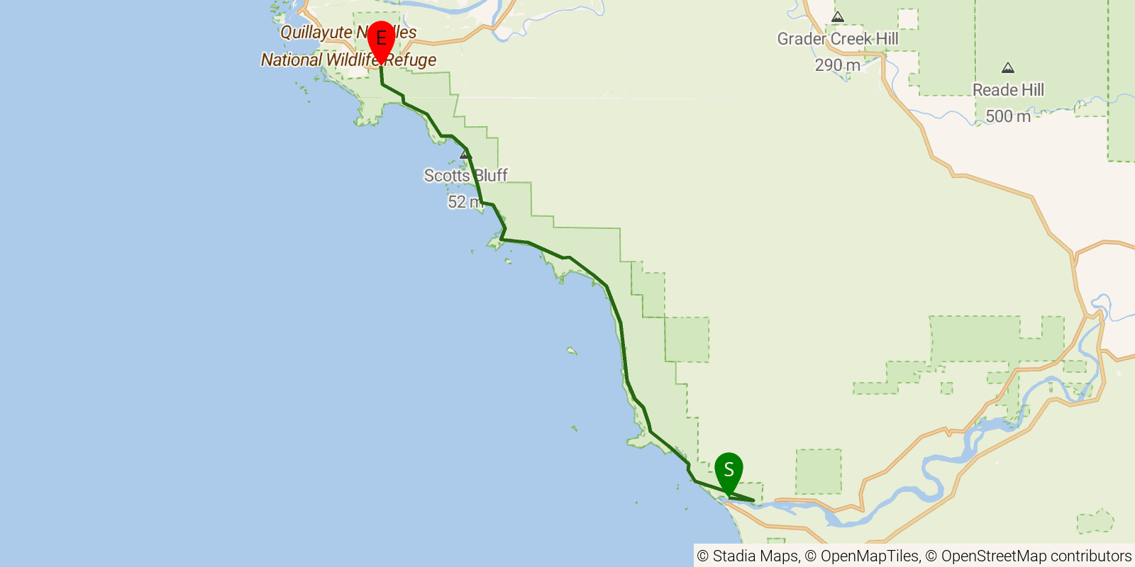 Route map of the Hoh River to Third Beach on OpenStreetMap terrain