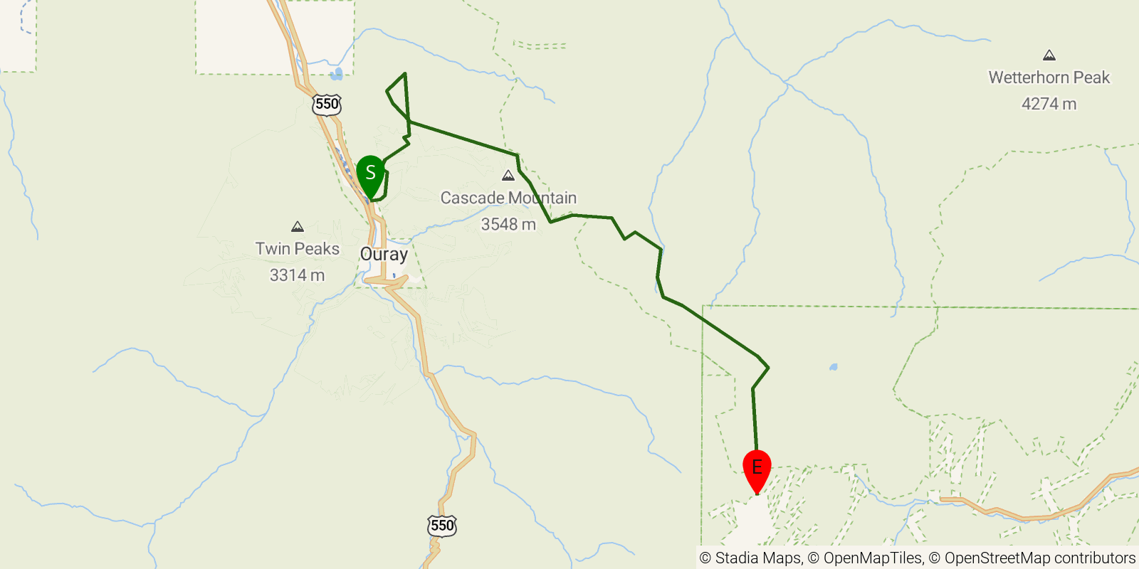 Route map of the Horsethief Trail on OpenStreetMap terrain