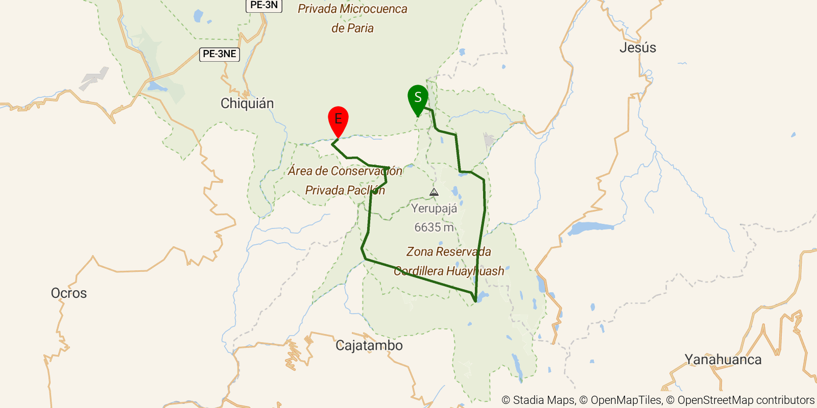 Route map of the Huayhuash Circuit on OpenStreetMap terrain