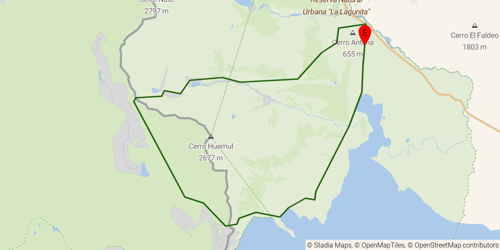 Route map of the Huemul Circuit on OpenStreetMap terrain