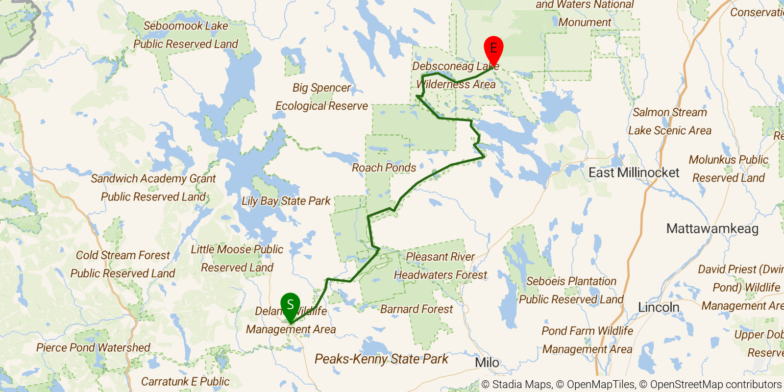 Route map of the Hundred-Mile Wilderness on OpenStreetMap terrain