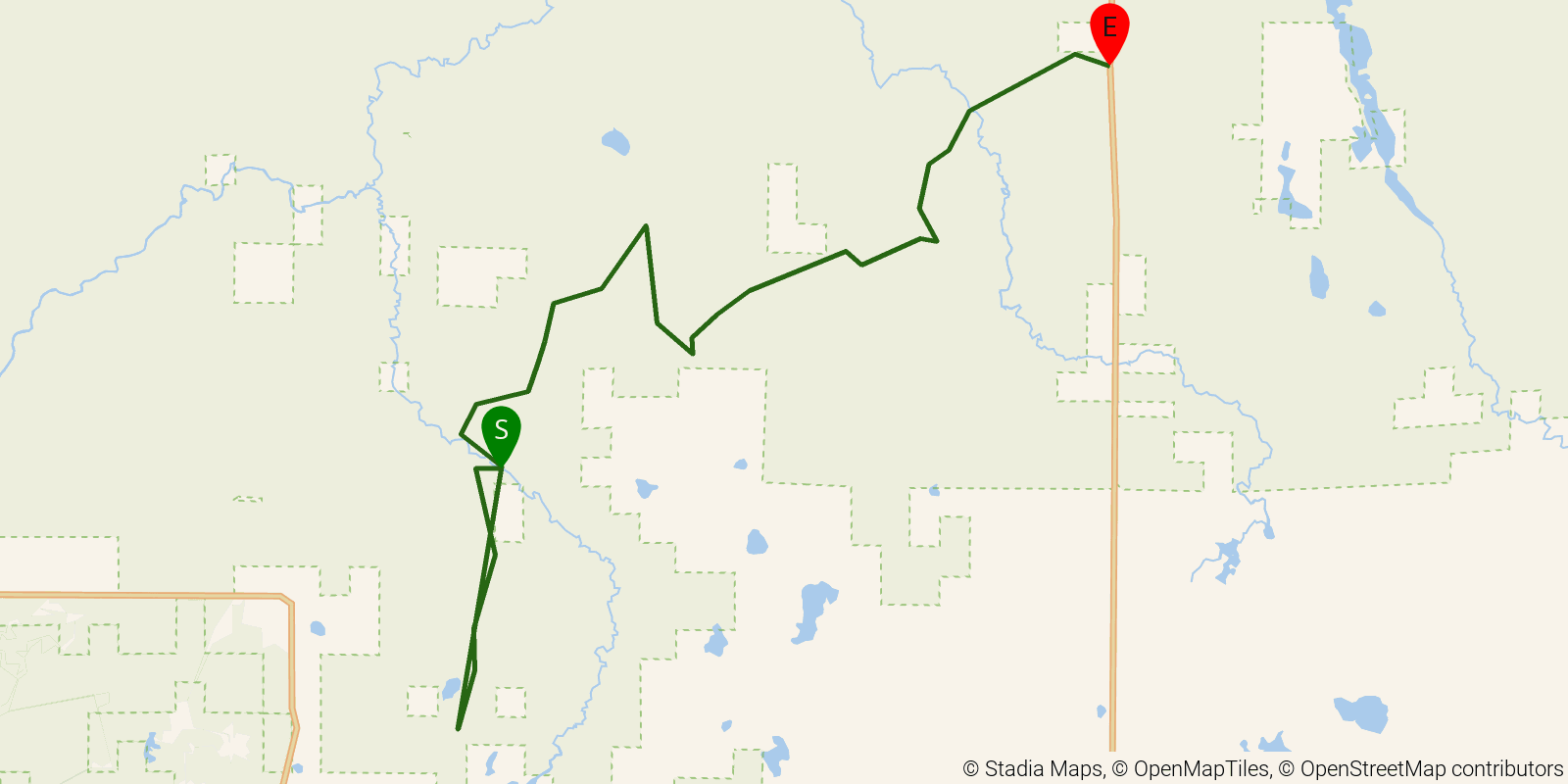 Route map of the Ice Age Trail — Chequamegon (Taylor Co) on OpenStreetMap terrain