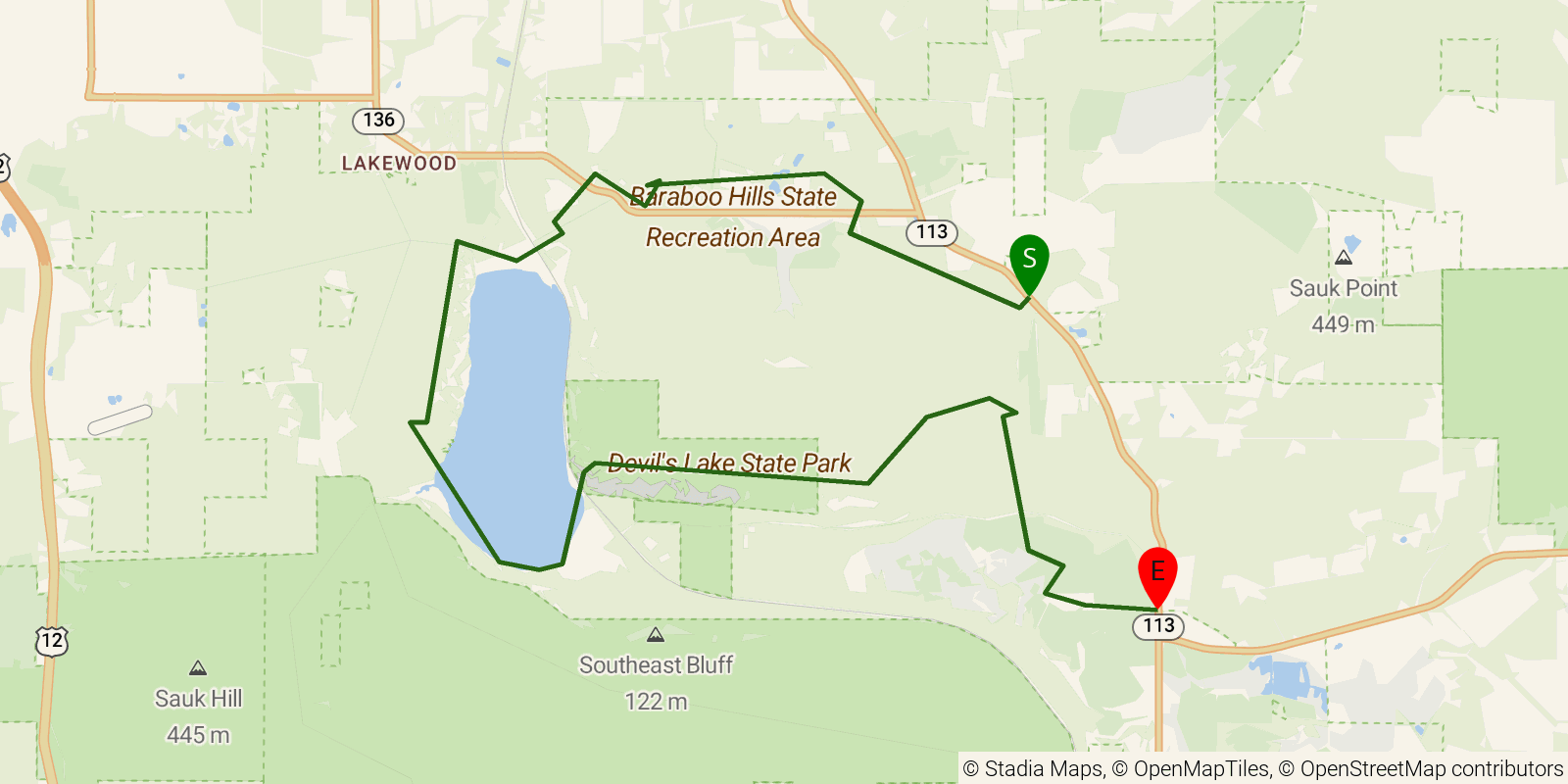 Route map of the Ice Age Trail — Devil's Lake / Baraboo Hills on OpenStreetMap terrain