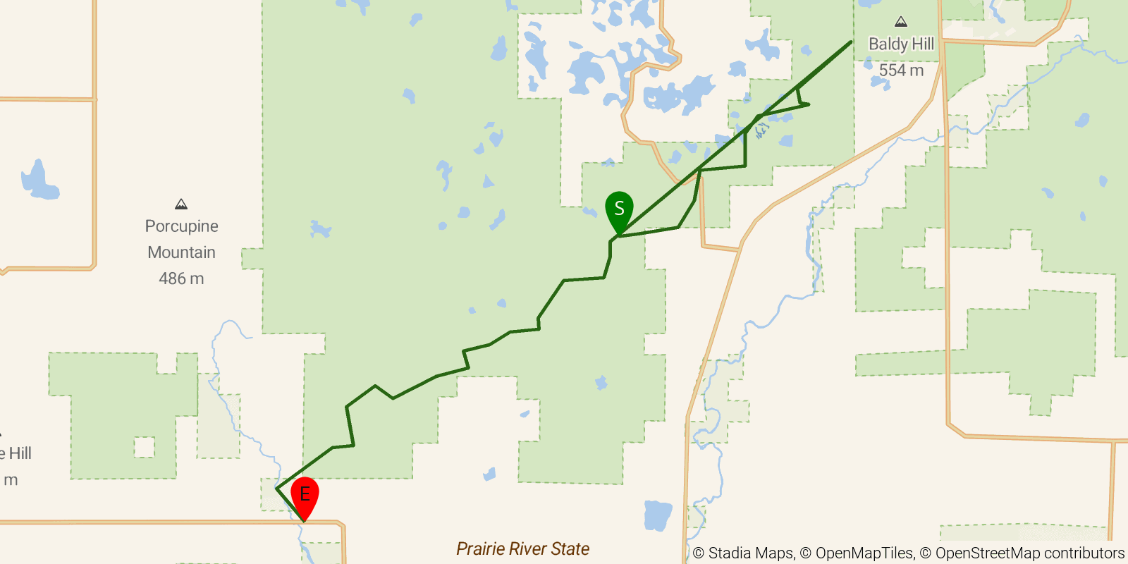 Route map of the Ice Age Trail — Harrison Hills / Lincoln Co on OpenStreetMap terrain