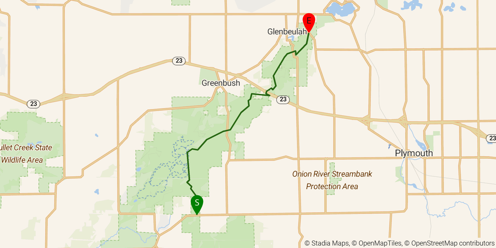 Route map of the Ice Age Trail — Kettle Moraine North on OpenStreetMap terrain