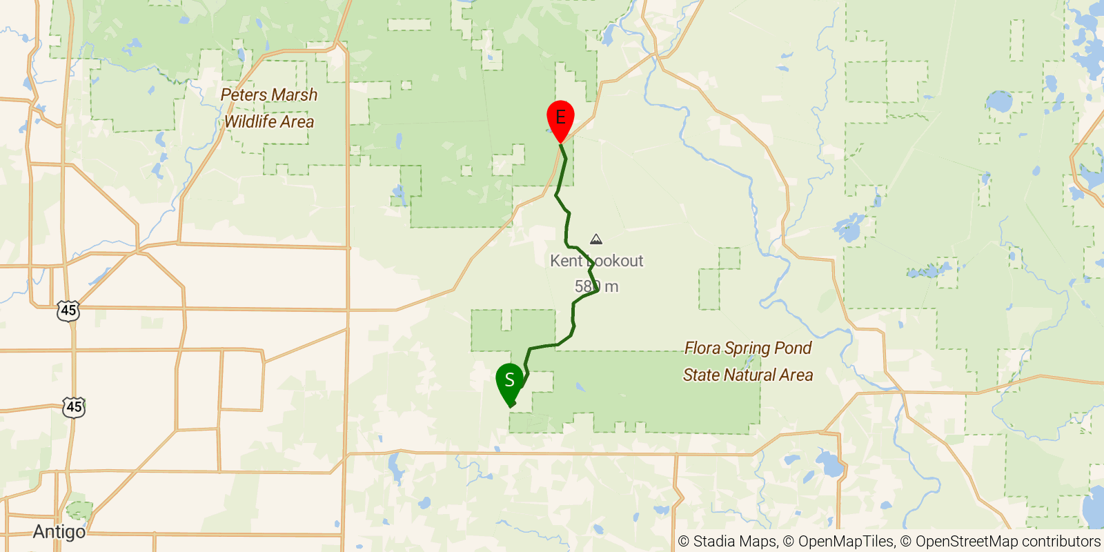 Route map of the Ice Age Trail — Langlade County on OpenStreetMap terrain