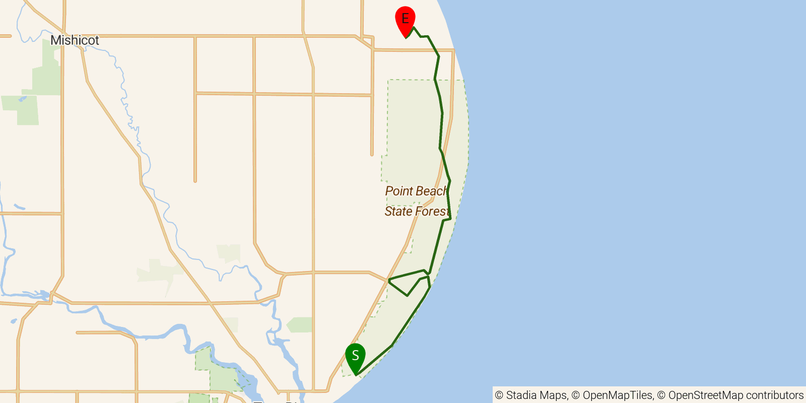 Route map of the Ice Age Trail — Point Beach coastal on OpenStreetMap terrain