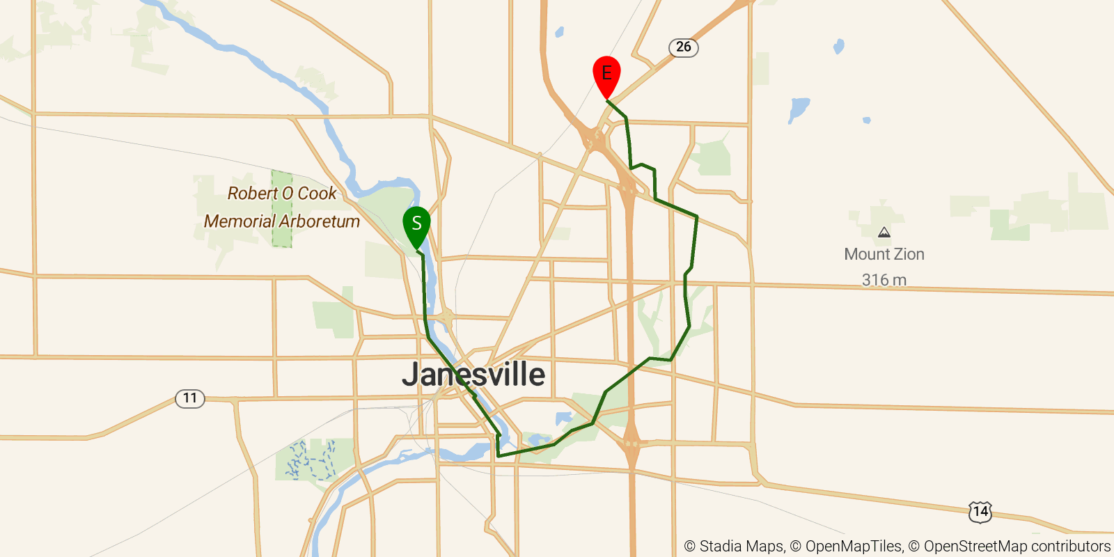 Route map of the Ice Age Trail — Rock County / southern edge on OpenStreetMap terrain