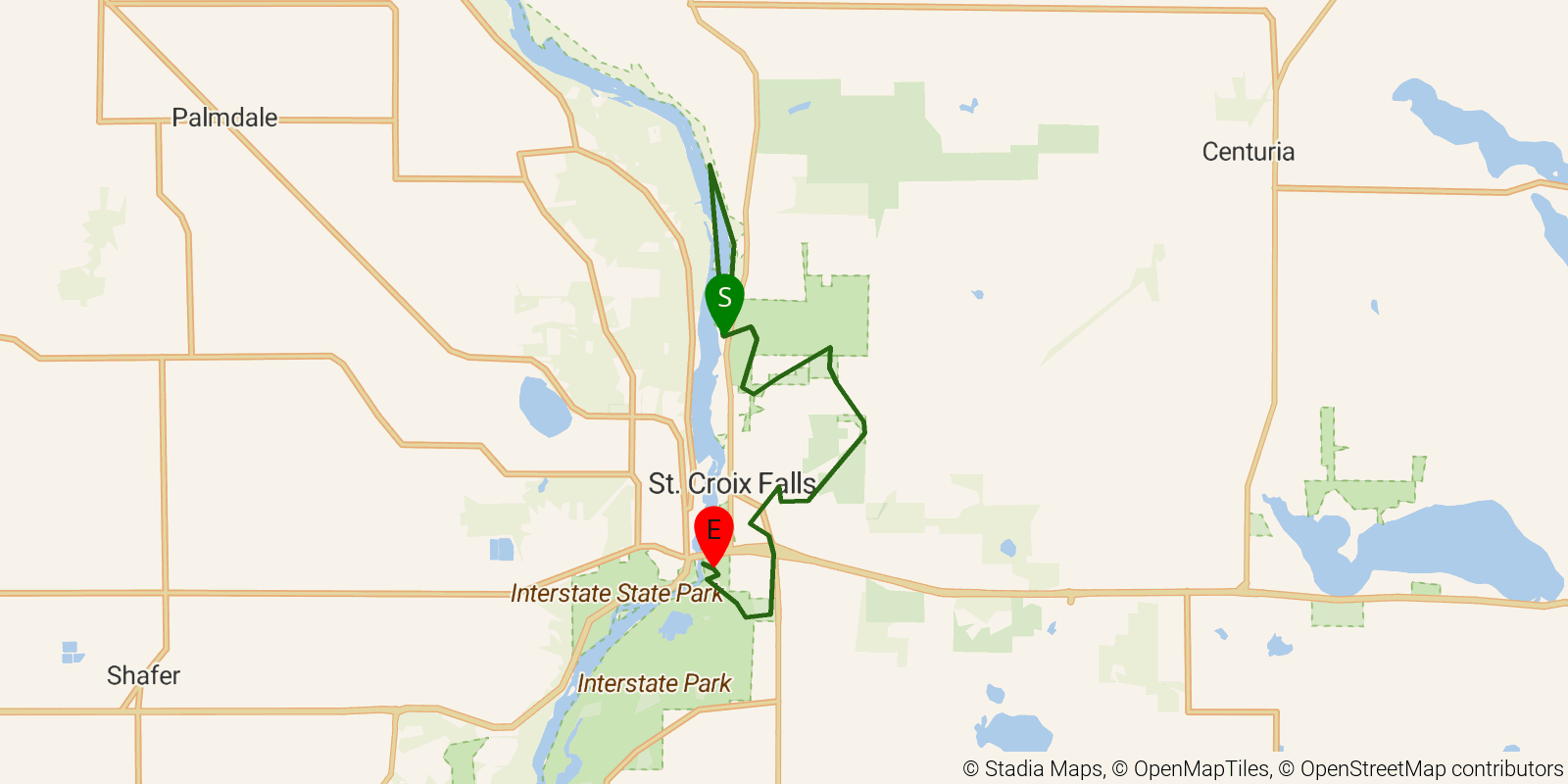 Route map of the Ice Age Trail — St. Croix headwaters on OpenStreetMap terrain