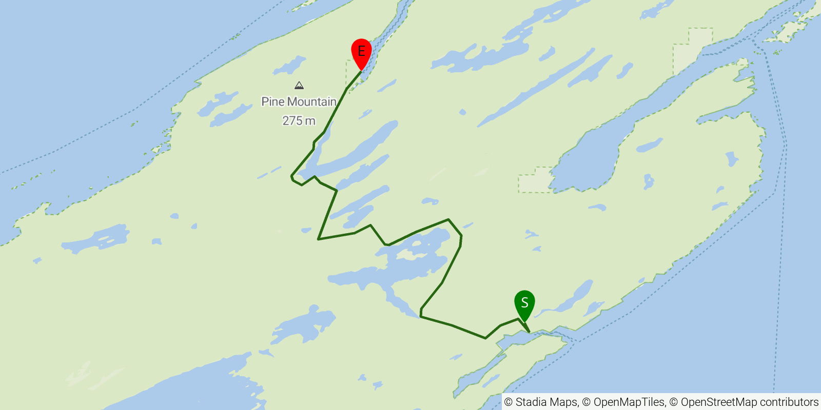 Route map of the Indian Portage Trail on OpenStreetMap terrain