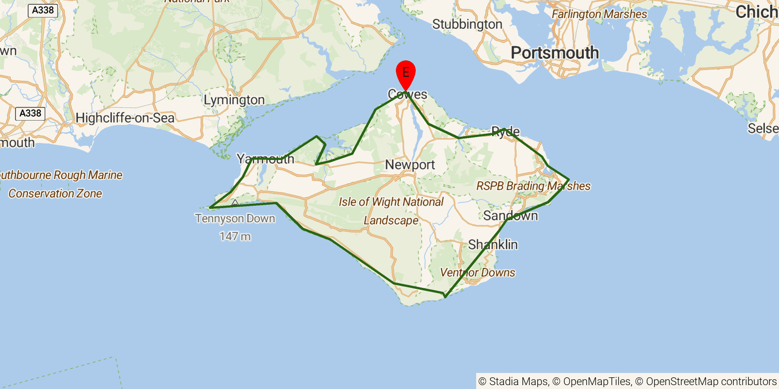 Route map of the Isle of Wight Coastal Path on OpenStreetMap terrain