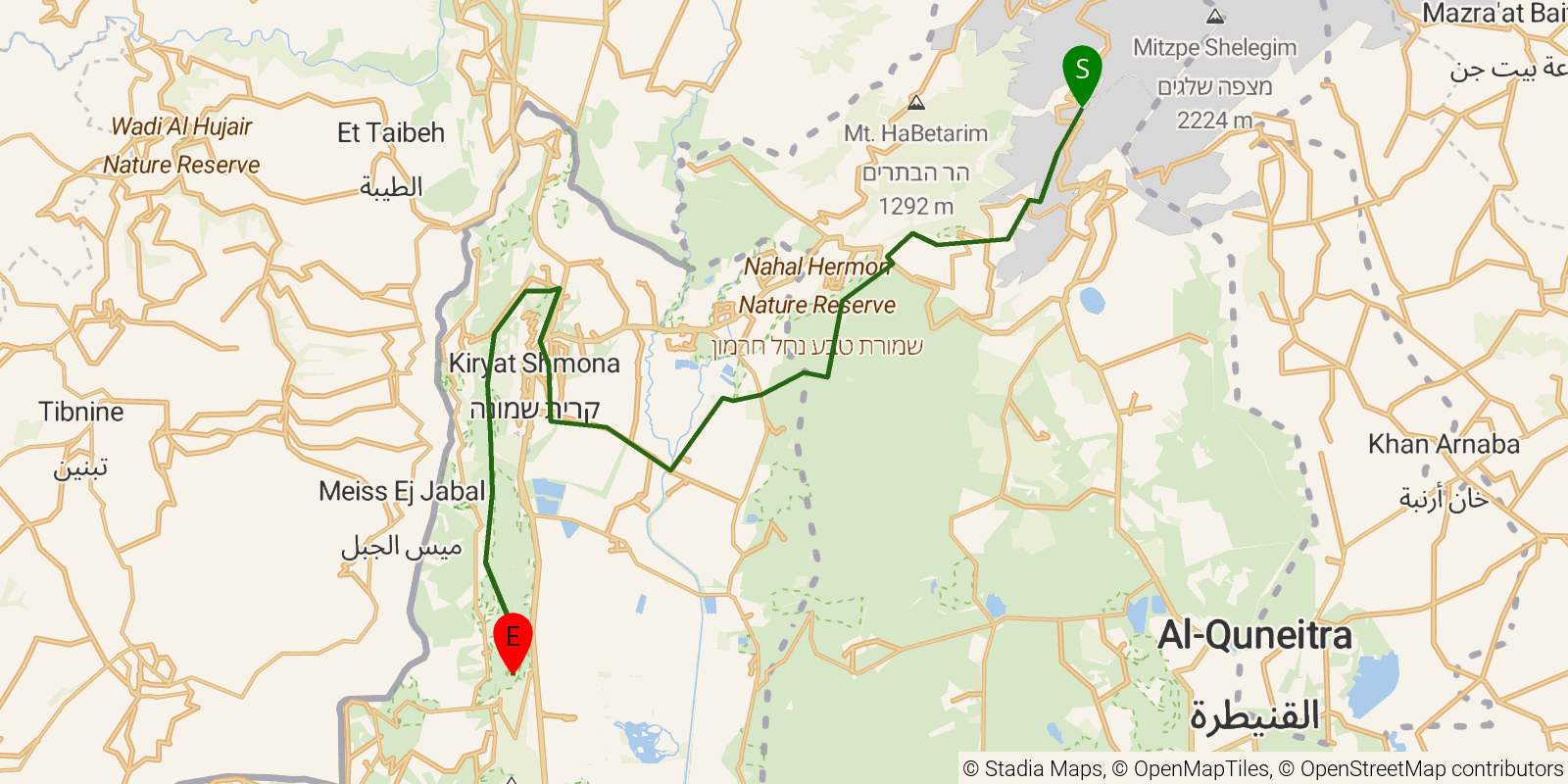 Route map of the Israel National Trail — Sections 1–3: Hermon ticket office to Metzudat Koah on OpenStreetMap terrain