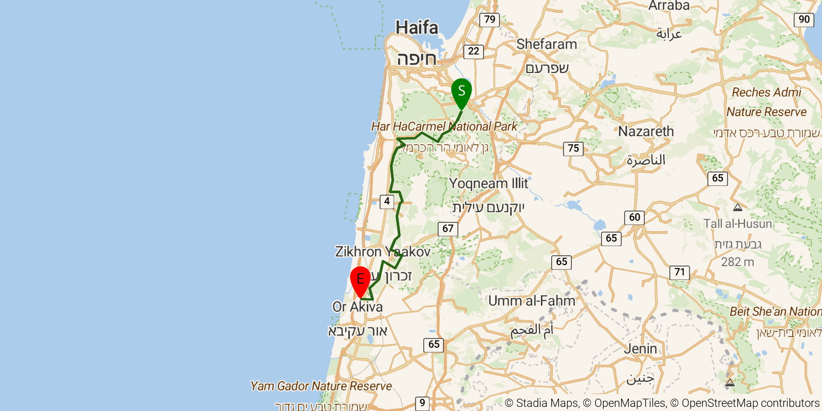 Route map of the Israel National Trail — Sections 14–16: Yagur trail meeting to Beit Hanania on OpenStreetMap terrain