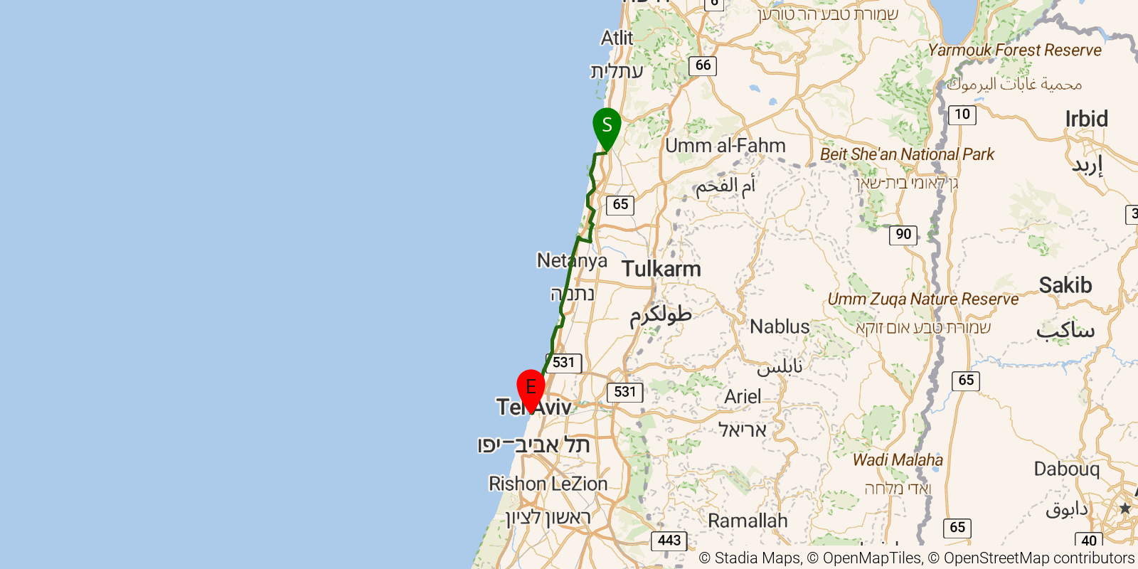 Route map of the Israel National Trail — Sections 17–19: Beit Hanania to Yarkon mouth on OpenStreetMap terrain