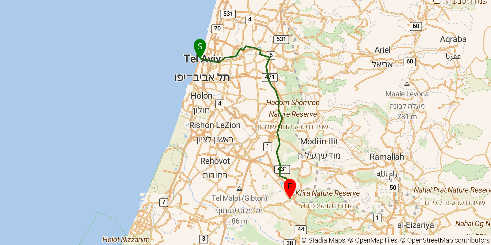 Route map of the Israel National Trail — Sections 20–22: Yarkon mouth to Yad La-Shiryon, Latrun on OpenStreetMap terrain