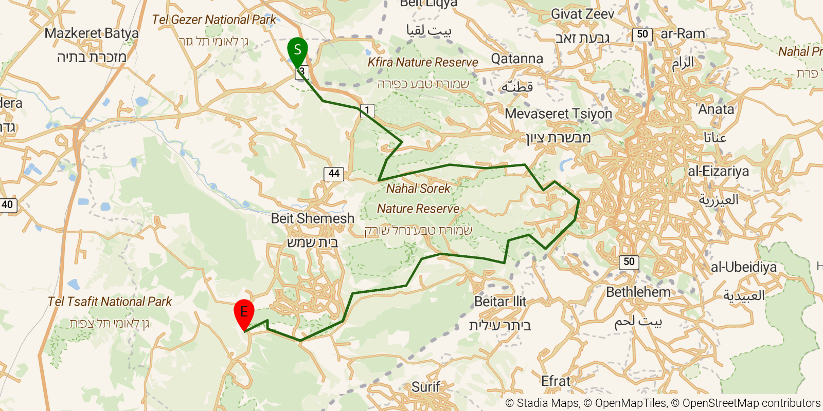 Route map of the Israel National Trail — Sections 23–25: Yad La-Shiryon to HaEla Junction on OpenStreetMap terrain