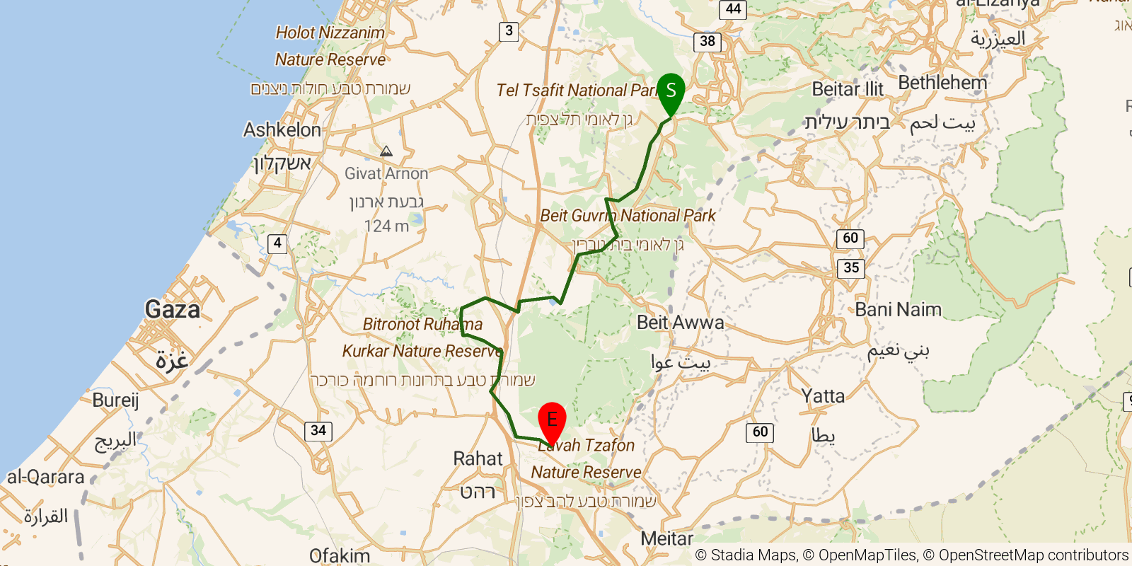 Route map of the Israel National Trail — Sections 26–28: HaEla Junction to Kibbutz Dvir on OpenStreetMap terrain
