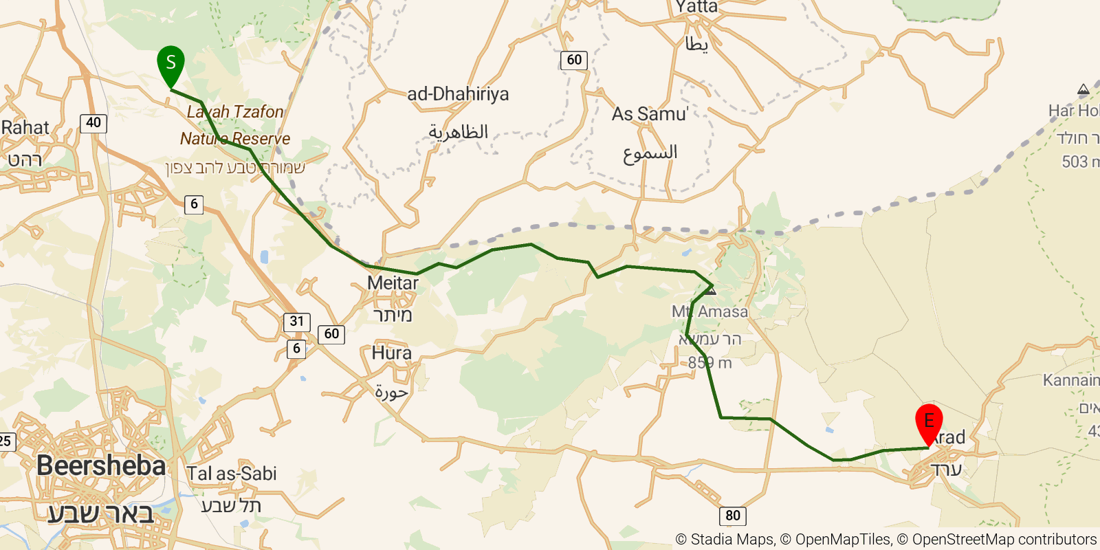 Route map of the Israel National Trail — Sections 29–31: Kibbutz Dvir to Arad entrance on OpenStreetMap terrain
